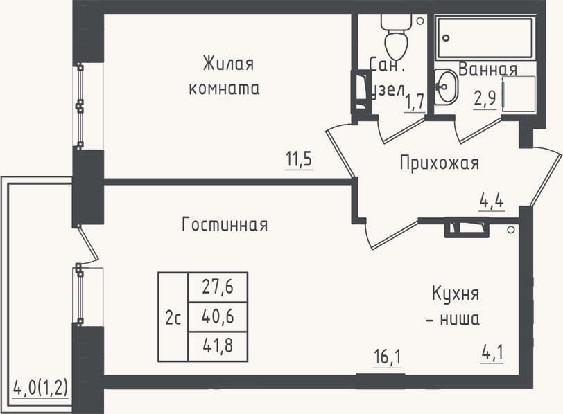 Планировка: 1-к, 40,6 м²