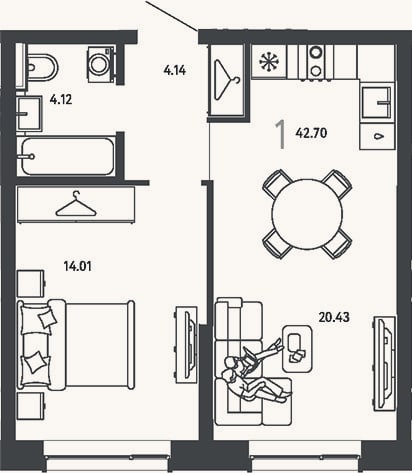 Планировка: 1-к, 42,7 м²