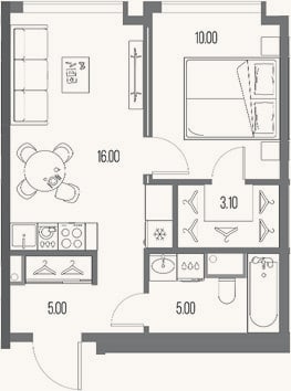 Планировка: 1-к, 39,1 м²