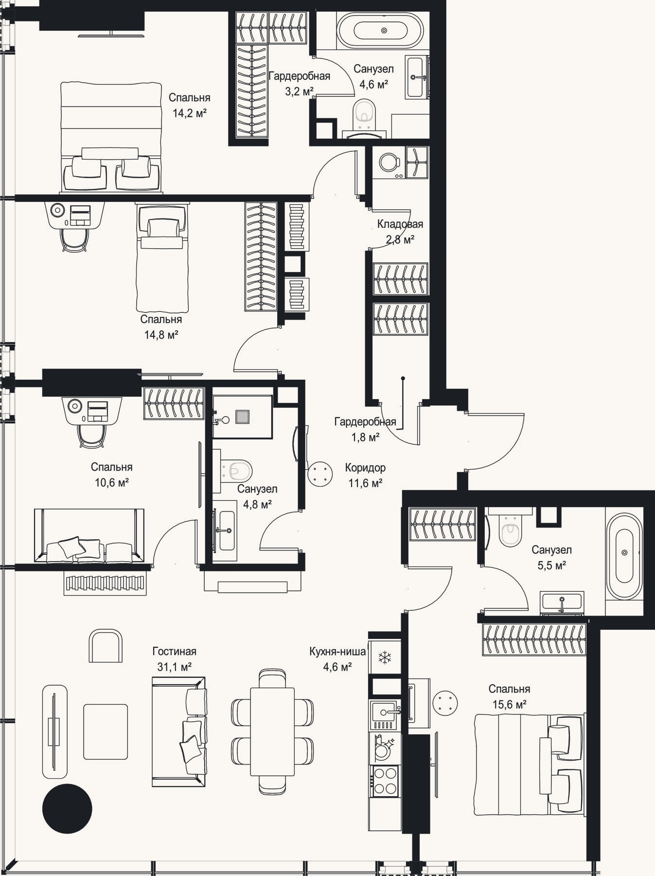 Планировка: 4+ к, 125,2 м²