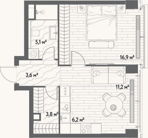 Планировка: 2-к, 46,8 м²