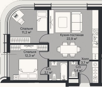 Планировка: 3-к, 54,6 м²
