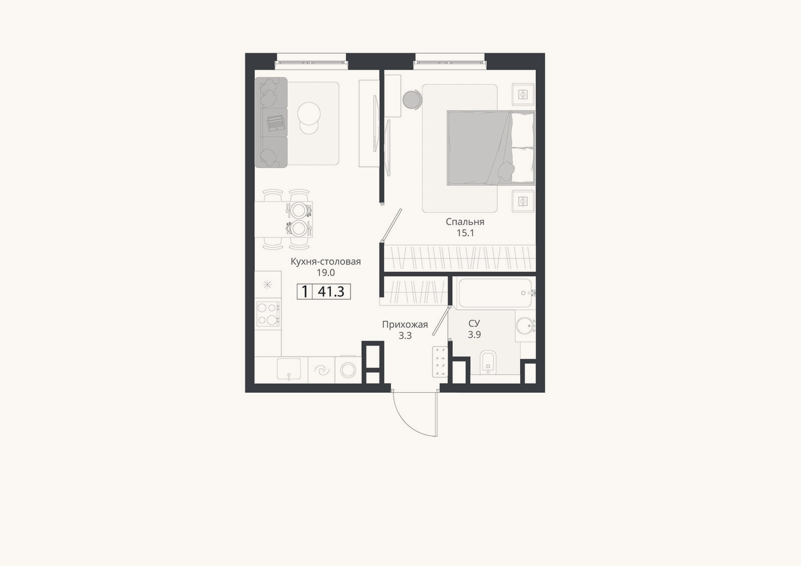 Планировка: 2-к, 41,3 м²