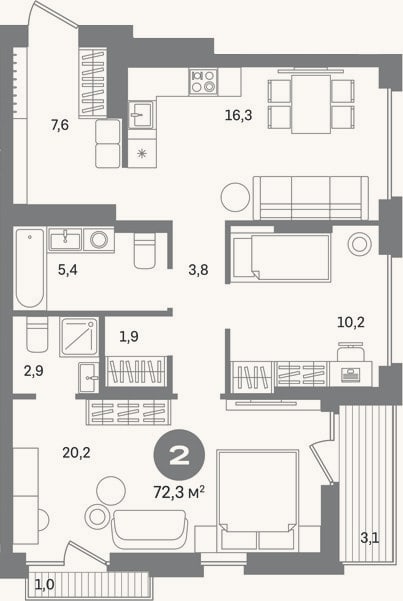 Планировка: 2-к, 68,2 м²