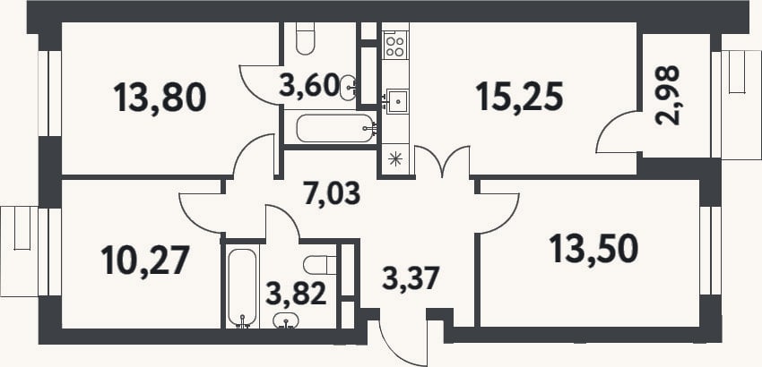 Планировка: 3-к, 70,6 м²
