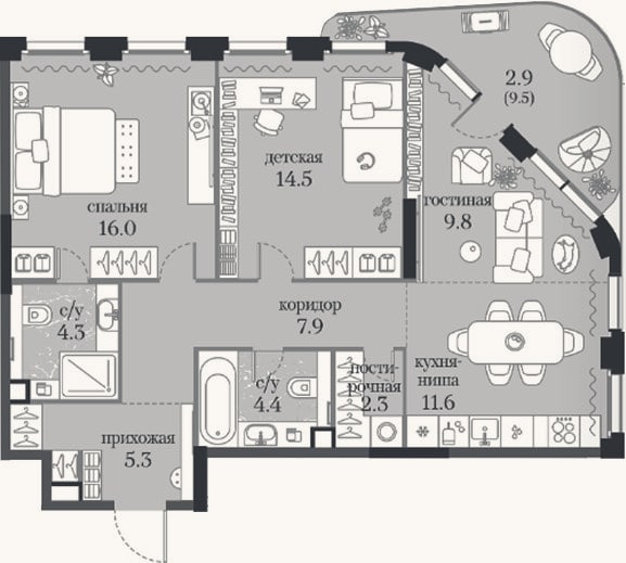 Планировка: 2-к, 76,1 м²