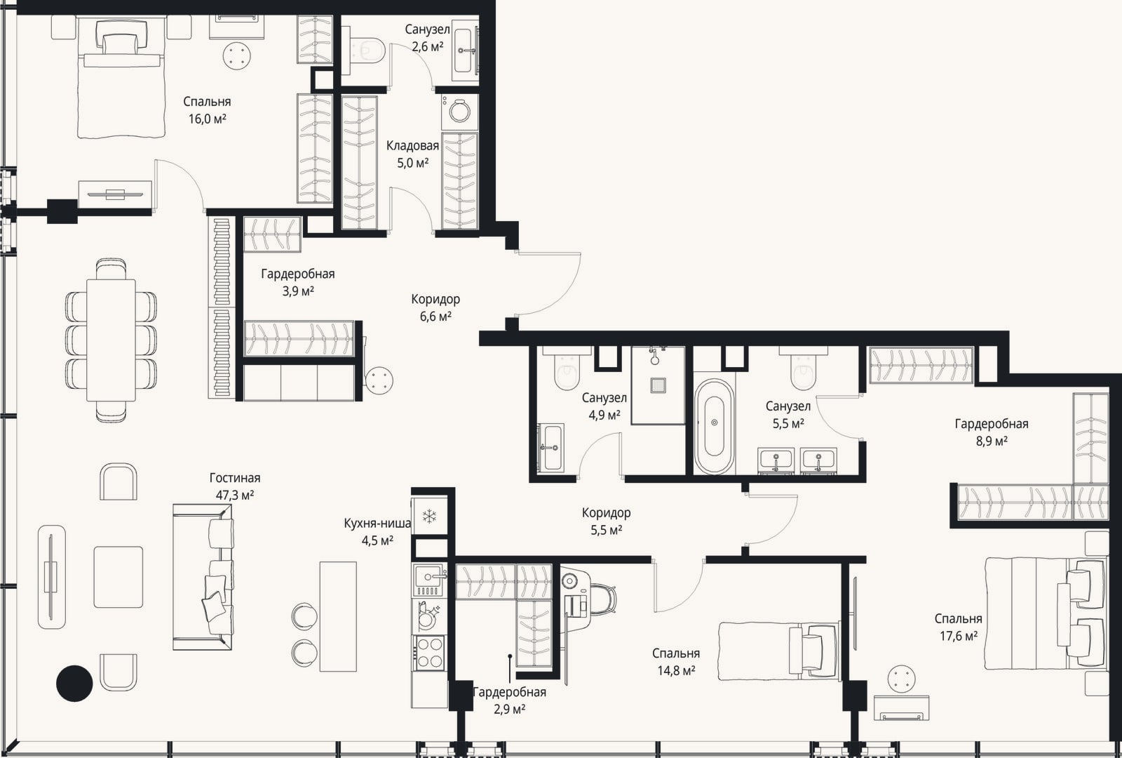 Планировка: 4+ к, 146 м²