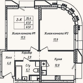Планировка: 2-к, 61 м²