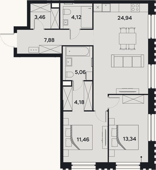 Планировка: 3-к, 75,6 м²
