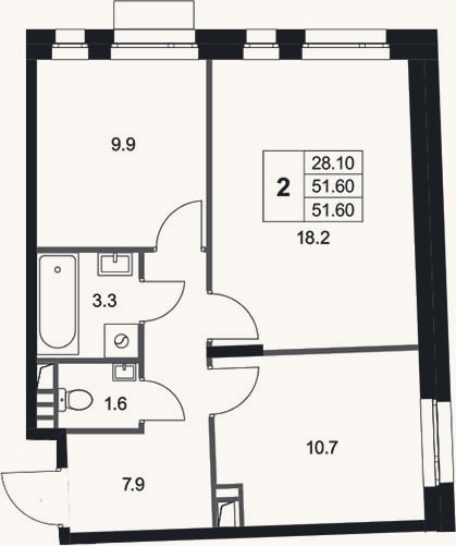 Планировка: 2-к, 51,6 м²