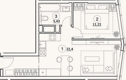 Планировка: 2-к, 44,2 м²