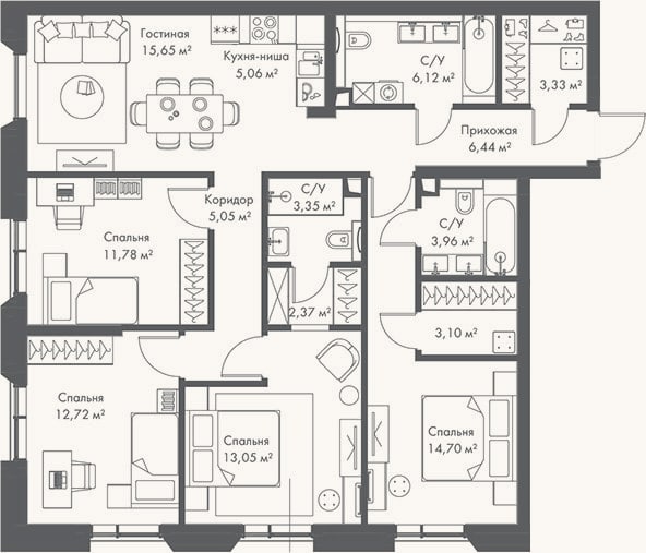 Планировка: 4+ к, 106,7 м²