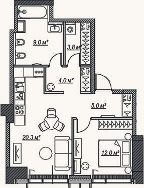 Планировка: 2-к, 54,1 м²