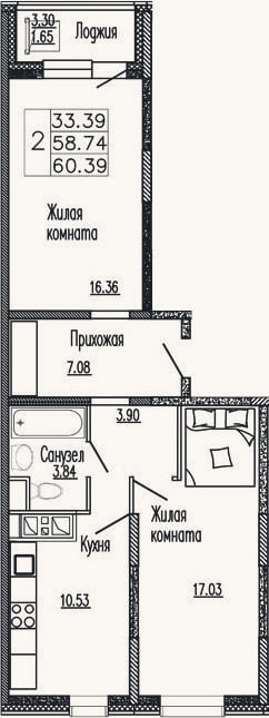 Планировка: 2-к, 60,3 м²