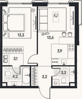 Планировка: 2-к, 44,6 м²