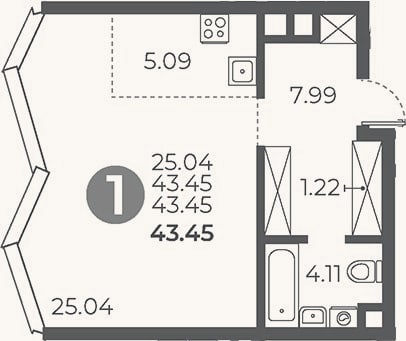 Планировка: Студия, 43,5 м²