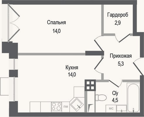 Планировка: 1-к, 40,7 м²