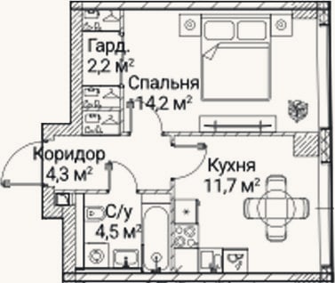 Планировка: 1-к, 37 м²