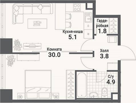 Планировка: Студия, 45,6 м²