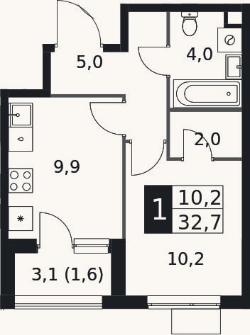 Планировка: 1-к, 31,1 м²