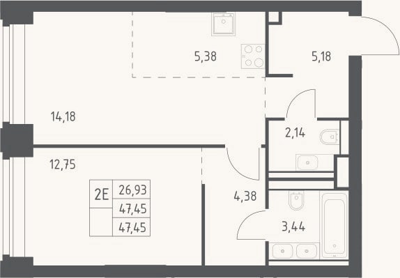 Планировка: 2-к, 47,5 м²