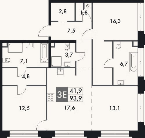 Планировка: 3-к, 96,4 м²