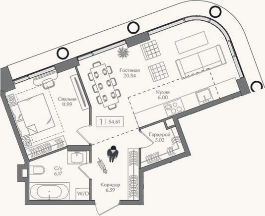 Планировка: 2-к, 54,6 м²