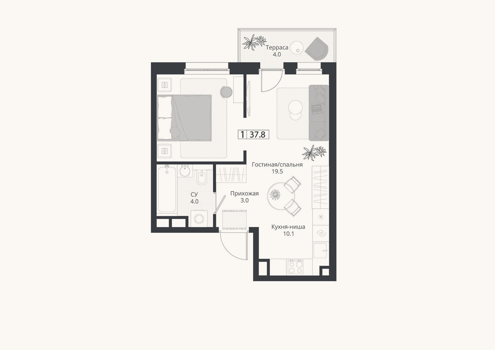 Планировка: Студия, 36,6 м²