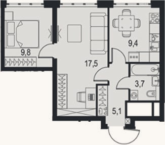 Планировка: 2-к, 45,5 м²