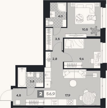 Планировка: 2-к, 56,9 м²