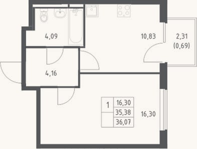 Планировка: 1-к, 35,4 м²