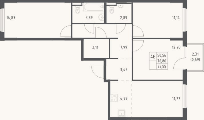 Планировка: 4+ к, 76,9 м²