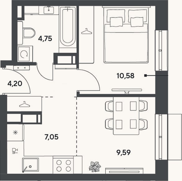 Планировка: 2-к, 36,2 м²
