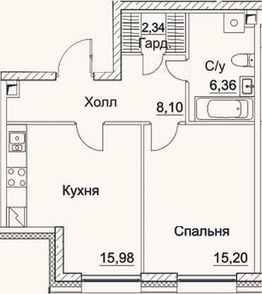 Планировка: 2-к, 48 м²