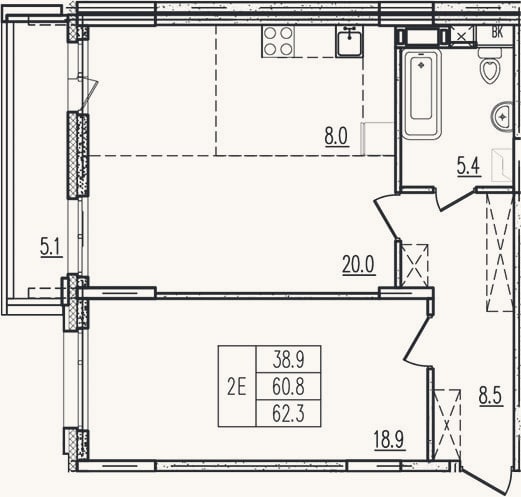 Планировка: 2-к, 60,8 м²