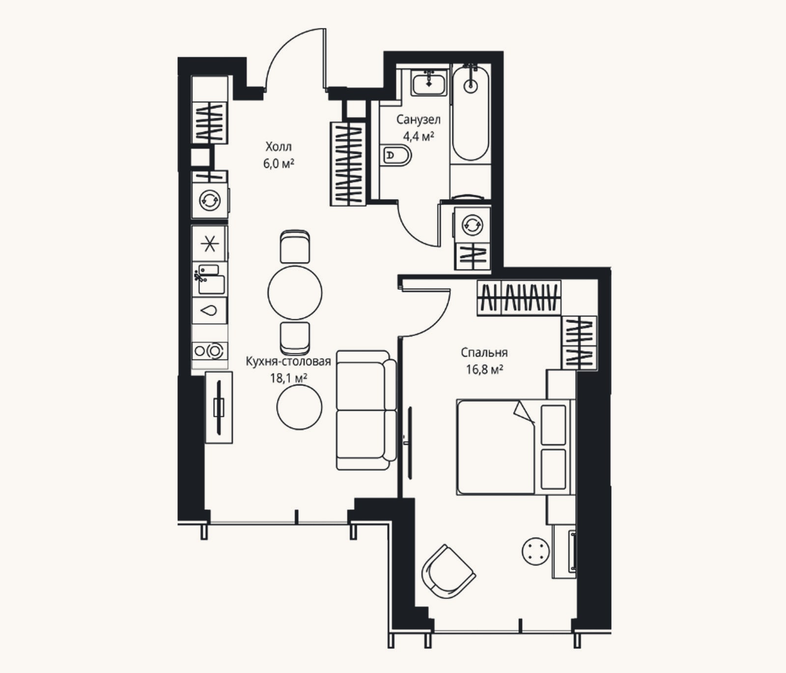 Планировка: 2-к, 45,3 м²