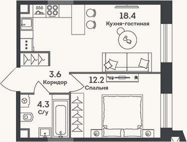 Планировка: 2-к, 38,5 м²