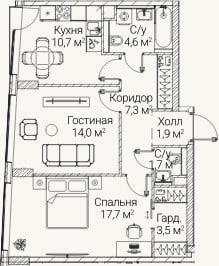 Планировка: 2-к, 61,3 м²