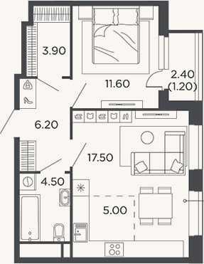Планировка: 2-к, 48,7 м²