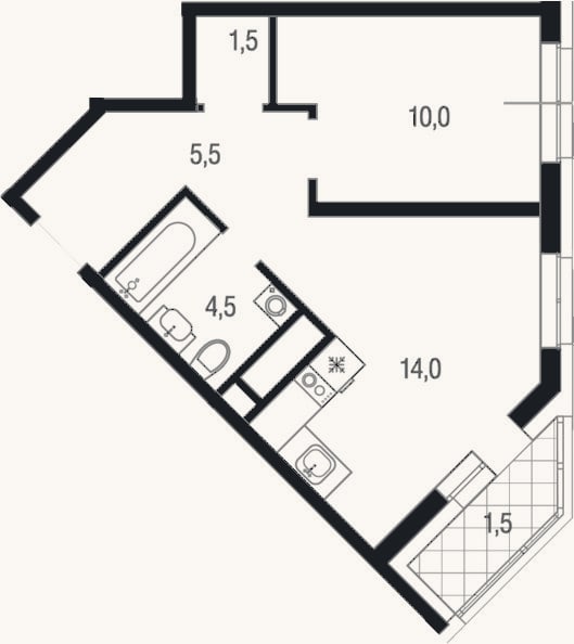 Планировка: 1-к, 35,5 м²