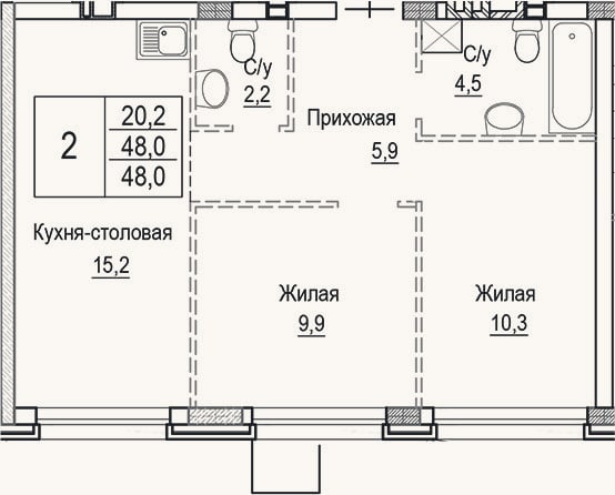 Планировка: 3-к, 48 м²