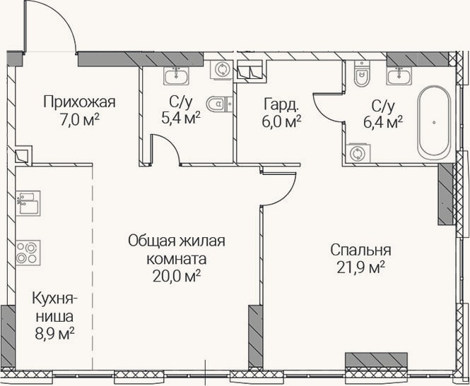 Планировка: 2-к, 75,6 м²