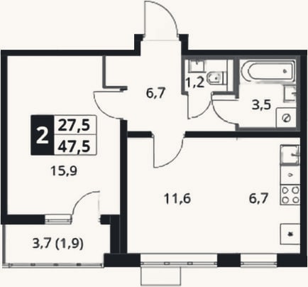 Планировка: 2-к, 45,6 м²