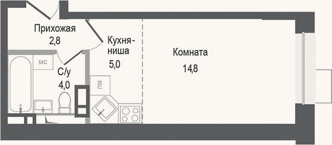 Планировка: Студия, 26,6 м²