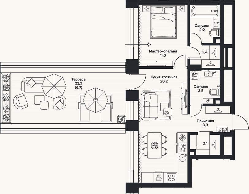 Планировка: 2-к, 47,1 м²