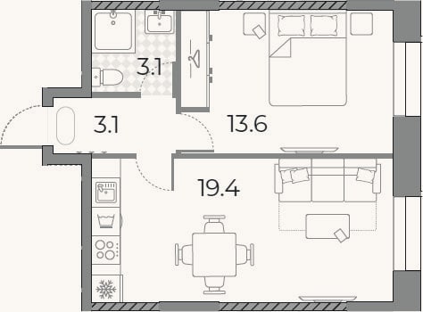 Планировка: 2-к, 39,2 м²