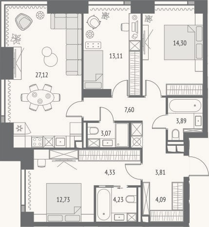 Планировка: 4+ к, 98,3 м²