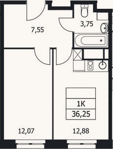 Планировка: 1-к, 36,3 м²