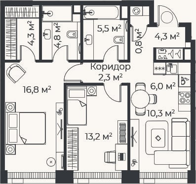 Планировка: 3-к, 68,4 м²