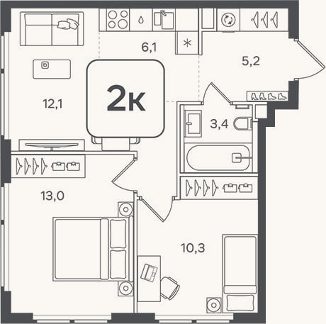 Планировка: 3-к, 50,1 м²